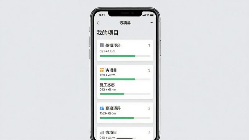 展示“施工日志”手机端使用指南截图,手机屏幕显示“我的项目”列表,每个项目卡片带有进度条,背景为浅灰色,排版整洁,风格简约,画质清晰