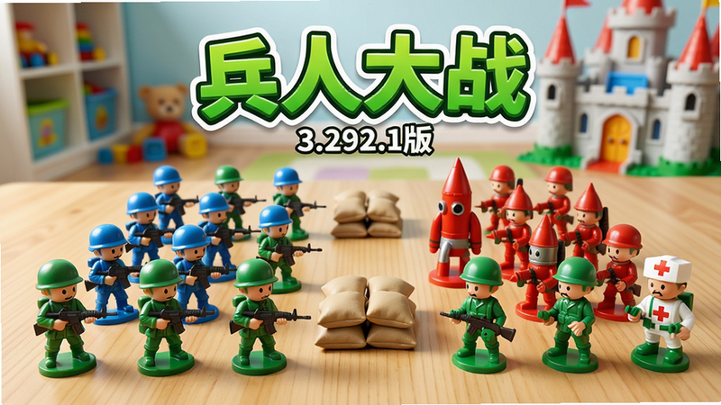 主体:一群绿色塑料小兵人玩具,在木纹桌面上列阵对峙,背景是模糊的儿童房和玩具城堡,主视觉突出“兵人大战”四字游戏Logo。布局:中央为两军对垒的俯视视角,左侧蓝色方阵、右侧红色方阵,中间有玩具沙包掩体,上方留白放置游戏标题。排版:标题“兵人大战”采用粗体卡通字体,置于画面上方1/3处,颜色为亮绿色带白色描边,下方小字“3.292.1版”。风格:写实玩具质感,结合明亮卡通渲染,光线柔和,色彩饱和。细节:每个小兵人约2厘米高,有不同兵种(步枪兵、火箭兵、医疗兵),表情呆萌,塑料反光明显。画质:8K超清,细节丰富,干净无多余元素。