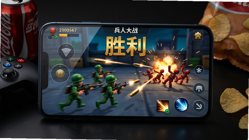 主体:手机屏幕特写,画面中“兵人大战”绿色小兵人正在冲锋,敌方红色小兵人溃败,屏幕上方显示“胜利”金色大字。布局:手机居中,屏幕内容清晰可见,周围是深色桌面,手机左侧有游戏手柄和可乐,右侧有薯片。排版:屏幕内UI布局完整,左上角兵力数字,右下角技能按钮,顶部中间显示“兵人大战”字样。风格:写实与游戏UI结合,屏幕高亮,周围暗调,突出游戏画面。细节:小兵人有动态模糊效果,子弹轨迹可见,爆炸火花四溅,屏幕玻璃反光真实。画质:4K超清,色彩鲜艳,干净无多余元素。