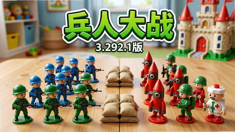 主体:一群绿色塑料小兵人玩具,在木纹桌面上列阵对峙,背景是模糊的儿童房和玩具城堡,主视觉突出“兵人大战”四字游戏Logo。布局:中央为两军对垒的俯视视角,左侧蓝色方阵、右侧红色方阵,中间有玩具沙包掩体,上方留白放置游戏标题。排版:标题“兵人大战”采用粗体卡通字体,置于画面上方1/3处,颜色为亮绿色带白色描边,下方小字“3.292.1版”。风格:写实玩具质感,结合明亮卡通渲染,光线柔和,色彩饱和。细节:每个小兵人约2厘米高,有不同兵种(步枪兵、火箭兵、医疗兵),表情呆萌,塑料反光明显。画质:8K超清,细节丰富,干净无多余元素。