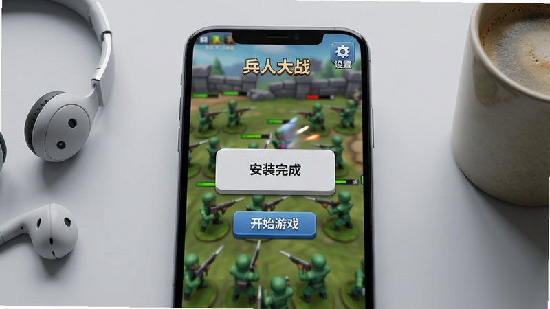 主体:一部智能手机竖屏显示“兵人大战”游戏界面,背景为绿色小兵人战场,屏幕右上角有“设置”齿轮图标。布局:手机居中,屏幕内容清晰,周围为浅灰色桌面,手机左侧有耳机,右侧有咖啡杯。排版:屏幕上显示“安装完成”弹窗,下方有“开始游戏”按钮。风格:写实产品图,光线柔和,焦距清晰。细节:屏幕边缘有反光,弹窗按钮有立体感,背景游戏画面有动态模糊。画质:4K超清,干净无多余元素。