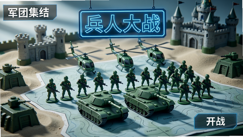 主体:一群绿色塑料小兵人玩具在作战地图上列队,背景是玩具城堡和沙盘模型,上方悬浮着“兵人大战”蓝色霓虹灯牌。布局:画面中央是军团集结场景,小兵人排列成方阵,前排有坦克模型,后排有直升机,四周散布军事设施模型。排版:左上角有“军团集结”四字,右下角有“开战”按钮,整体UI风格为军事指挥界面。风格:写实玩具与科幻结合,光线从左上角打入,阴影柔和,色调偏冷。细节:小兵人身上有军团徽章,坦克履带清晰,直升机螺旋桨旋转模糊,地图上有等高线。画质:8K超清,细节丰富,干净无多余元素。