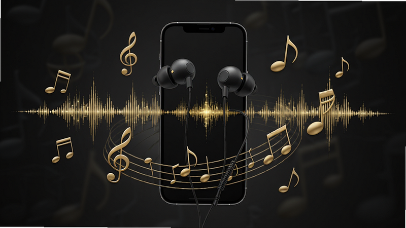 KineraMusic无损音质功能展示,金色音乐符号与声波线条环绕手机,主体为耳机与音符,布局居中,排版简洁,风格科技感,细节有频谱跳动,画质细腻,干净,无多余元素