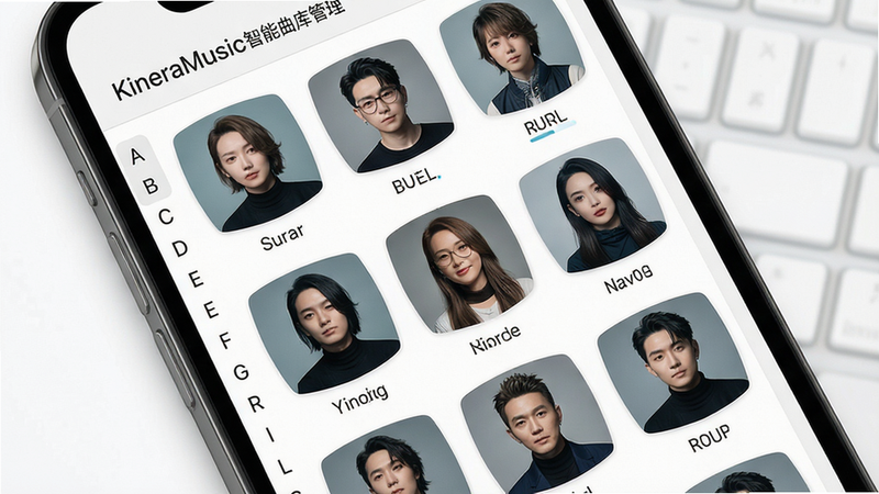 KineraMusic智能曲库管理界面,手机屏幕显示歌手头像网格,布局整齐,排版清晰,风格清新,细节有字母索引条,画质高清,干净,无多余元素