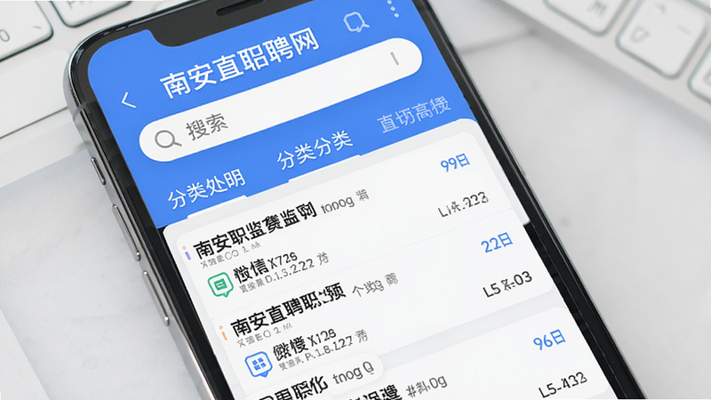南安直聘网应用主界面展示,手机屏幕中显示职位列表、搜索栏、分类导航等元素,背景为简洁的蓝白配色,整体风格现代清爽,界面布局清晰,细节丰富,画质干净,无多余元素