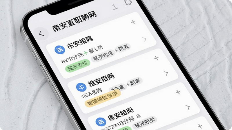 南安直聘网智能推荐功能截图,手机界面中展示多个推荐职位卡片,包含公司名称、薪资、距离等标签,背景有淡灰色纹理,整体风格简约明亮,画质干净,无多余元素