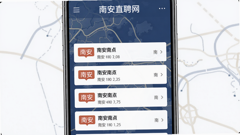南安直聘网本地职位列表页,手机屏幕上显示多个标注“南安”地区的职位条目,背景有地图线条装饰,整体风格专业稳重,画质干净,无多余元素
