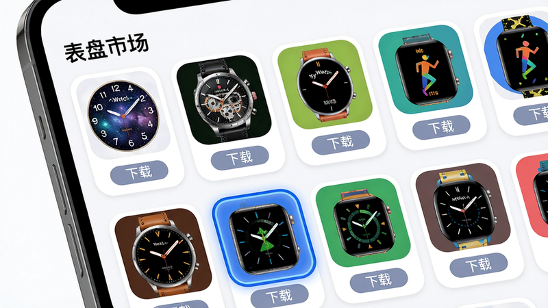 ���壺MyWatch+����ѡ����棬�ֻ���Ļ��ʾ���ֱ�������ͼ�����򻬶����У����֣��Ϸ��С������г������⣬�·����ű��̿�Ƭ��ÿ����Ƭ�·��С����ء���ť���Ű棺��Ƭʽ���֣�Բ�Ǳ߿�����ͼ���������ʱ�С���ʡ����ã�ϸ�ڣ����ǿձ��̡���е���̡��˶����̣�����һ�����̱�ѡ�У��߿����Ϊ��ɫ�����ʣ�������Ⱦ��ɫ�ʷḻ���ɾ��޶���Ԫ��