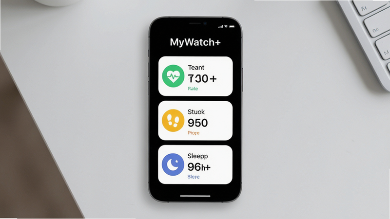 ���壺MyWatch+Ӧ�ý������ֻ���Ļ����ʾ������Ϊǳ��ɫ���棬�ֻ����У���Ļ��չʾ�ֱ�����״̬�ͽ������ݿ�Ƭ�����֣��ֻ�λ�ڻ������룬�������ף�������Ӧ�����ơ�MyWatch+�����·������������ʡ�������˯���������ݿ�Ƭ���Ű棺����ִ�����ƬԲ����ƣ���Ϣ�㼶����������Ϊ�޳����壻��񣺿Ƽ��С���ƽ�����ɾ�������ϸ�ڣ����ʿ�Ƭ����ɫ����ͼ�꣬������Ƭ�л�ɫ��ӡͼ�꣬˯�߿�Ƭ����ɫ����ͼ�꣬�����޶���Ԫ�أ����ʣ�������Ⱦ��ɫ��׼ȷ���ɾ������