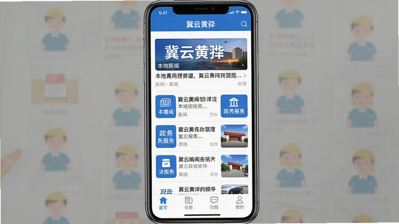 主体:手机屏幕展示“冀云黄骅”应用首页,上方为新闻资讯流,下方为功能导航栏。布局:手机居中,屏幕内清晰显示应用名称“冀云黄骅”及新闻列表。排版:简洁的列表式布局,图文并茂。风格:现代扁平化UI设计风格,主色调为蓝色和白色。细节:屏幕中突出显示“本地新闻”、“政务服务”等模块图标。画质:高清,干净,无多余元素。