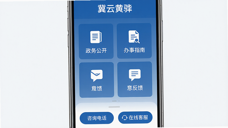 主体:手机屏幕展示“冀云黄骅”的政务服务页面。布局:手机居中,屏幕显示“政务公开”、“办事指南”、“意见反馈”等图标。排版:宫格式导航布局。风格:政务类App常见的严肃简洁风格,蓝色系为主。细节:图标下方配有文字说明,页面底部有“咨询电话”和“在线客服”悬浮按钮。画质:UI界面清晰,美观,干净,无多余元素。