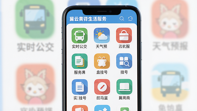 主体:手机屏幕展示“冀云黄骅”的生活服务板块,包含公交查询、天气、挂号等应用图标。布局:手机居中,屏幕内以网格形式展示各类服务图标。排版:色彩鲜艳的图标矩阵排列。风格:清新活泼的UI风格。细节:每个图标下方有中文名称标注,例如“实时公交”、“天气预报”。画质:高清,色彩饱满,干净,无多余元素。