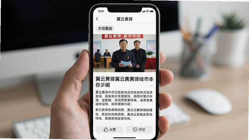 主体:手机屏幕展示“冀云黄骅”新闻详情页,包含大图、标题和正文。布局:手机竖屏展示,上方为新闻头图,下方为文字内容。排版:图文混排,段落清晰。风格:新闻类App标准排版风格,字体清晰。细节:页面顶部显示新闻分类标签“本地要闻”,文末有“点赞”和“评论”按钮。画质:高清晰度,色彩真实,干净,无多余元素。