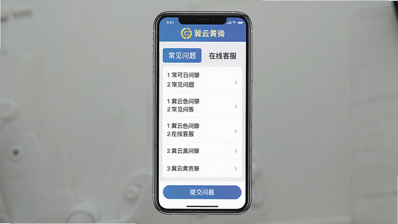 主体:一部智能手机屏幕展示“冀云黄骅”App的问答界面。布局:手机居中,屏幕显示“常见问题”、“在线客服”等选项。排版:清晰的列表式问答布局。风格:服务类App界面风格,简洁明了。细节:屏幕顶部有“冀云黄骅”Logo,底部有“提交问题”按钮。画质:高清,干净,无多余元素。