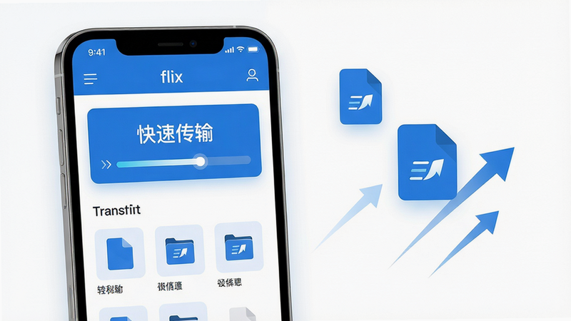 主体:一部智能手机屏幕展示flix应用主界面,界面中有“快速传输”大按钮和文件列表缩略图。布局:手机居中偏左,右侧留白配以浮动的文件图标和速度箭头。排版:界面UI清晰,功能区块分明。风格:现代扁平化,蓝白主色调,明亮通透。细节:屏幕内文字标签为“flix”,传输进度条显示高速移动。画质:8K超清,干净,无多余元素。