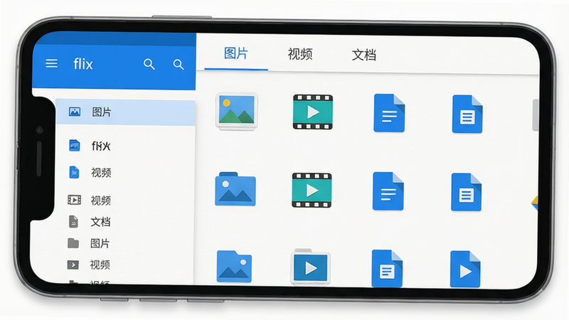 主体:手机屏幕展示flix文件管理界面,文件以网格和列表两种视图呈现。布局:左侧为分类侧边栏,右侧为文件列表。排版:界面整洁,文件图标清晰。风格:Material Design风格,白色背景,蓝色点缀。细节:文件上方有“图片”“视频”“文档”标签。画质:高清,干净,无多余元素。