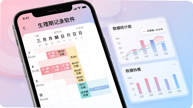 展示生理期记录软件智能预测功能的界面,手机屏幕上显示未来三个月的经期预测日历,不同颜色标记月经期、排卵期和安全期,旁边有数据统计图表,整体风格科技感与柔和感并存,粉色与蓝色渐变,画质清晰,干净无多余元素,图片上标注“生理期记录”软件名称
