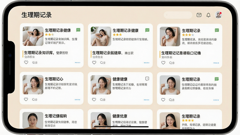 展示生理期记录软件知识库界面的截图,屏幕上排列多篇健康文章卡片,每张卡片有标题和缩略图,背景为柔和米色,整体风格简洁大方,画质清晰,干净无多余元素,图片上标注“生理期记录”软件名称