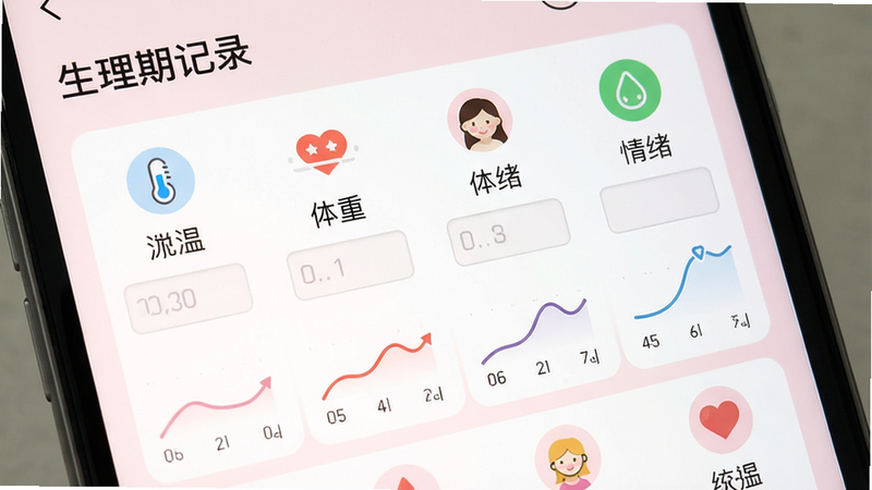 展示生理期记录软件记录界面的截图,屏幕上显示体温、体重、情绪等图标,每个图标下方有对应的输入区域和折线图,背景为浅粉色,整体风格清晰简洁,画质细腻,干净无多余元素,图片上标注“生理期记录”软件名称