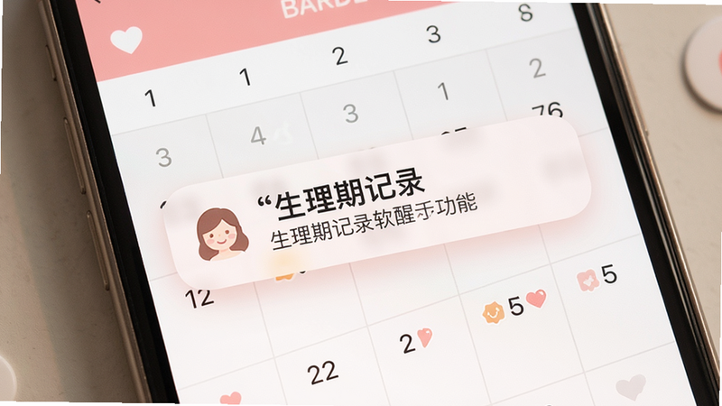 展示生理期记录软件提醒功能的界面,手机屏幕弹出经期提醒通知,背景是日历视图,日期上有小图标,整体风格温馨,粉色系,通知卡片圆润,画质清晰,干净无多余元素,图片上标注“生理期记录”软件名称