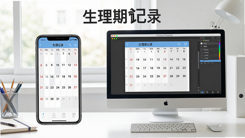 展示生理期记录软件在手机和电脑上运行的使用场景,左侧是手机屏幕显示日历界面,右侧是电脑模拟器窗口显示相同界面,背景为整洁的办公桌,整体风格写实,光线明亮,画质清晰,干净无多余元素,图片上标注“生理期记录”软件名称