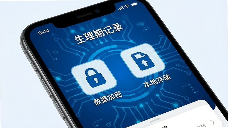 展示生理期记录软件隐私保护说明的界面,手机屏幕上有“数据加密”和“本地存储”图标,背景为蓝色科技感,整体风格专业,画质清晰,干净无多余元素,图片上标注“生理期记录”软件名称