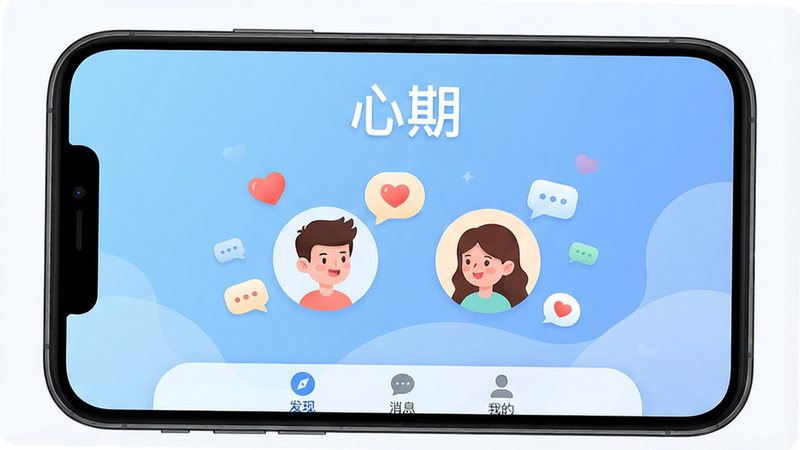 主体:手机屏幕展示“心期”APP主界面,界面风格简洁现代,背景为柔和的渐变蓝色,中央显示两个卡通人物头像正在对话,周围有爱心和聊天气泡图标。布局:手机居中,屏幕内容清晰可见,上方有“心期”字样,下方有“发现”、“消息”、“我的”三个标签栏。排版:信息层级分明,主标题醒目,功能图标排列整齐。风格:扁平化设计,色彩清新明快,细节丰富。画质:高清渲染,干净无多余元素,突出社交与陪伴主题。