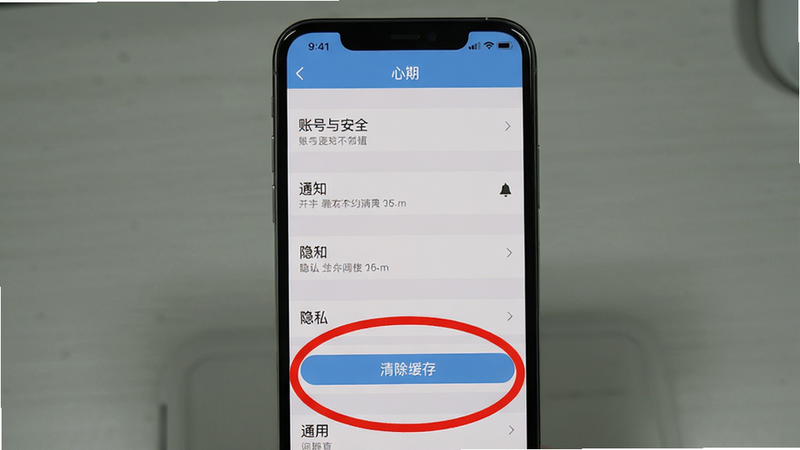 主体:一张手机截图,显示“心期”的设置页面,包含“账号与安全”、“通知”、“隐私”、“通用”等选项,页面高亮显示“清除缓存”按钮。布局:手机居中,设置列表清晰可见,重点选项用红色圆圈标出。排版:图文结合,直观展示操作步骤。风格:写实截图风格,细节真实。画质:高清,干净无多余元素,帮助用户快速定位功能。