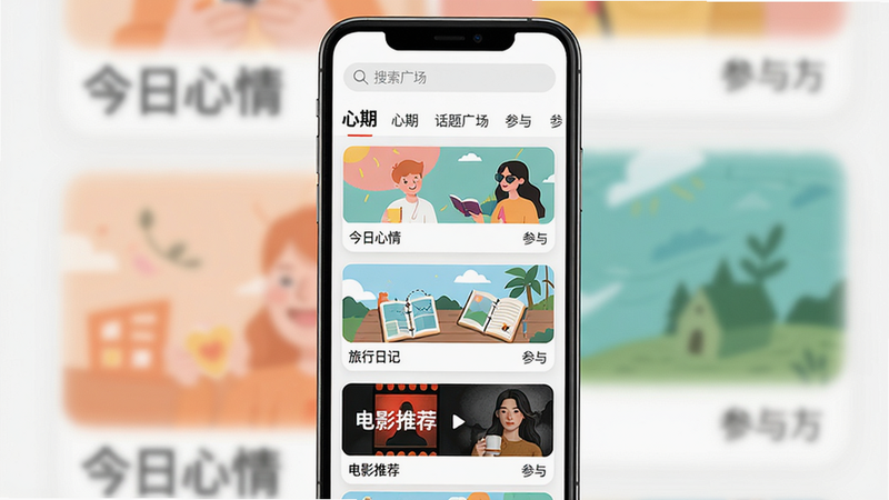 主体:手机屏幕展示“心期”话题广场页面,列表中有多个话题卡片,如“今日心情”、“旅行日记”、“电影推荐”,每个卡片有配图和参与人数。布局:手机居中,列表纵向排列,顶部有搜索栏和分类标签。排版:卡片式设计,图文并茂,信息清晰。风格:简约时尚,色彩活泼。画质:高清,干净无多余元素,展现社区内容的丰富与多元。