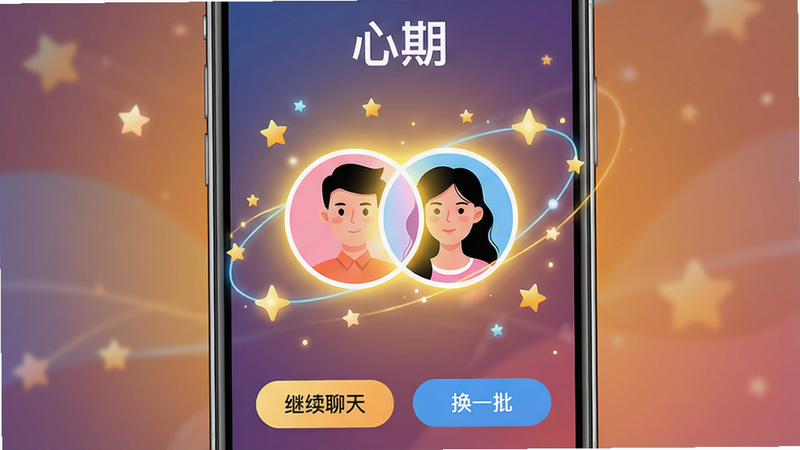 主体:手机界面展示匹配成功页面,两个用户头像重叠并发出光芒,背景有星星和连接线,顶部有“心期”字样。布局:手机居中,匹配动画占据主要画面,下方有“继续聊天”和“换一批”按钮。排版:突出匹配成功的效果,视觉焦点集中。风格:科技感与温馨感结合,色彩明亮。画质:高清,干净无多余元素,体现智能匹配的精准与惊喜。