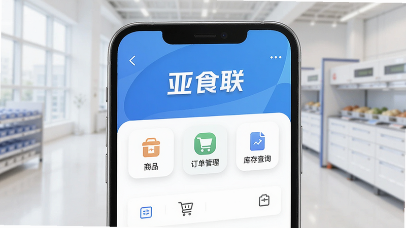 图片展示亚食联App在智能手机上的主界面,屏幕中清晰显示“亚食联”品牌标识,下方排列着商品分类、订单管理、库存查询等模块图标,界面简洁现代,背景为浅色系,整体风格明亮清晰,突出食品供应链管理的专业感,画质干净,无多余元素。