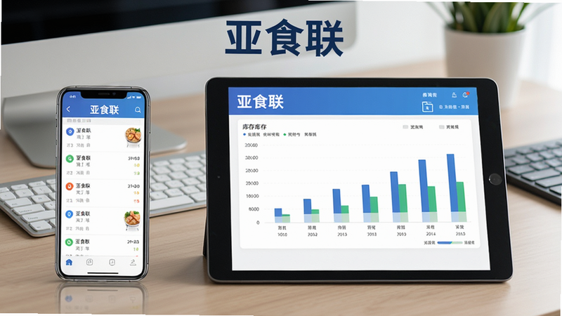 亚食联App在手机和平板上同步使用的场景,左边手机显示订单列表,右边平板显示库存图表,背景为办公桌面,整体画面干净,突出“亚食联”品牌名,风格写实,画质清晰。