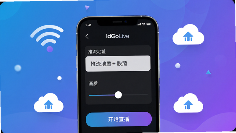 画面中央展示一部智能手机,屏幕中显示idGoLive的直播控制界面,界面包含清晰的推流地址输入框、画质调节滑块和开始直播按钮,手机周围漂浮着WiFi信号和云朵图标,背景采用渐变的科技蓝紫色调,整体布局简洁明亮,风格偏向现代扁平化,细节处理精致,画质干净,无多余元素