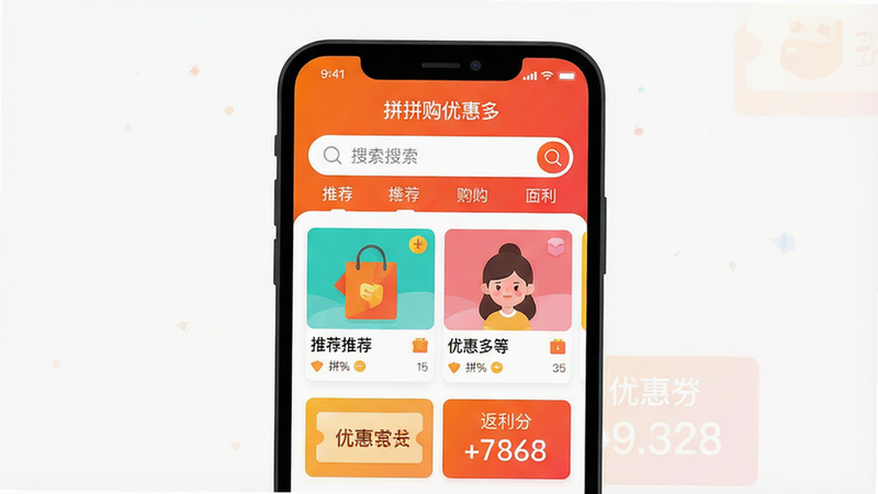 һ��չʾ�����ֻ���Ļ���ִ���ƽ���廭����Ļ����ʾ��ƴƴ���ŻݶࡱӦ�������棬������������������Ƽ���Ʒ��Ƭ���Ż�ȯ��ǩ�ͷ���������֣��������������ĳȺ�ɫ���䣬��ƷͼƬ�������ޣ����岼�ָɾ����룬ͻ������ʡǮ�Ŀ��ַ�Χ�����������ɾ��޶���Ԫ�أ����ֱ�ע��ƴƴ���Żݶࡱ