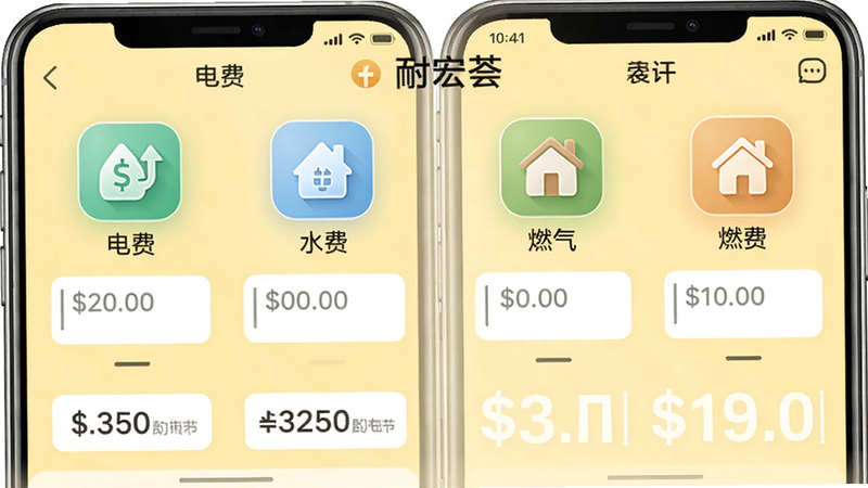 �ͺ���APP������ɷѽ��棬��ʾ��ѡ�ˮ�ѡ�ȼ���ѵȶ���ɷ���Ŀͼ�꣬ÿ��ͼ���¶��ж�Ӧ�������򣬱���Ϊǳ��ɫ����������������ʸ��壬�ɾ��޶���Ԫ��
