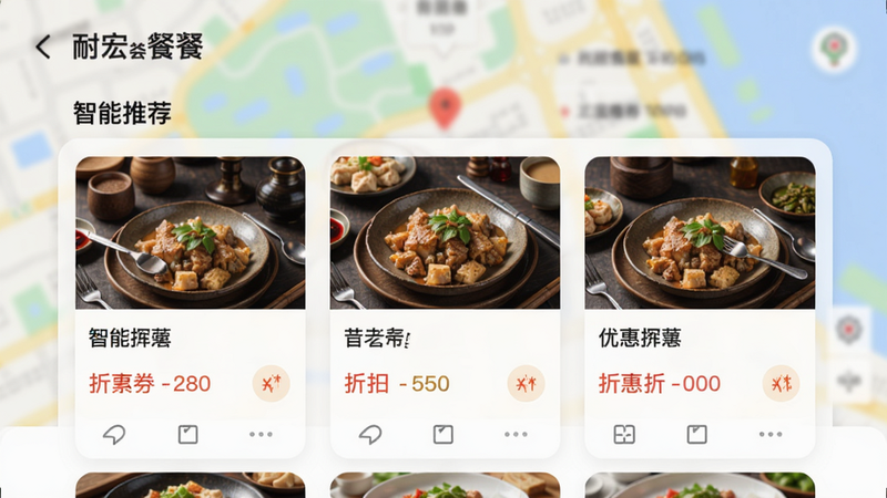 �ͺ���APP�������Ƽ����棬��ʾ�����������Ż�ȯ�б���ÿ�ſ�Ƭ��������ͼƬ�����ƺ��ۿ���Ϣ������Ϊģ����ͼ��������������Ȼ��ɫ������������ϸ�壬�ɾ��޶���Ԫ��