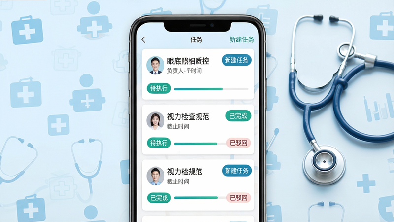 主体:手机界面展示质控任务列表,任务卡片显示“眼底照相质控”“视力检查规范”等,状态标签有“待执行”“已完成”“已驳回”。布局:手机竖屏居中,背景为淡蓝色医疗图标和听诊器;排版采用卡片式,任务项带进度条。风格:简洁商务风,蓝绿配色。细节:每个任务卡片有负责人头像和截止时间,右上角有“新建任务”按钮;画质:高清,干净,无多余元素。