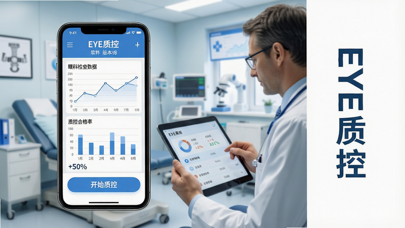 主体:智能手机屏幕显示EYE质控软件主界面,界面有眼科检查数据图表、质控指标列表和“开始质控”按钮,背景为现代医院眼科诊室,医生手持平板查看数据。布局:手机居中偏左,右侧留白放文字“EYE质控”竖排;排版简洁,上方有软件名称“EYE质控”和版本号,下方为功能图标。风格:扁平化医疗风格,主色调蓝白,图标圆润。细节:屏幕内容清晰可辨,包含折线图、柱状图和质控合格率百分比;画质:高清渲染,干净明亮,无多余元素。
