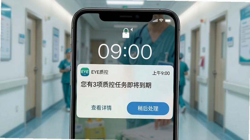 主体:手机锁屏界面显示EYE质控推送通知,通知内容为“您有3项质控任务即将到期”,背景为模糊的医院走廊。布局:手机居中,通知卡片突出显示,有“查看详情”和“稍后处理”按钮。风格:清爽的Android通知样式。细节:通知栏图标为EYE质控logo,时间显示为上午9:00;画质:高清,干净,无多余元素。