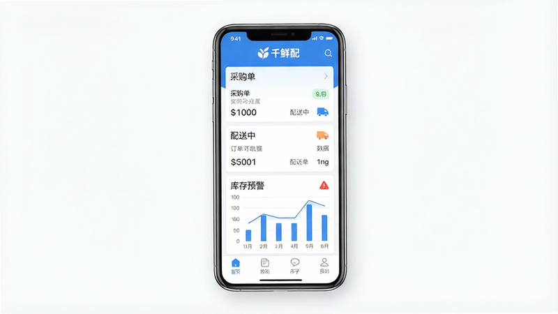 主体:手机屏幕展示千鲜配APP主界面,界面顶部有“千鲜配”品牌标识,中间是订单列表和库存图表,底部为功能导航栏。布局:手机居中,界面清晰,四周留白。排版:界面信息层级分明,图表简洁。风格:现代商务风,扁平化设计,色彩清新(蓝白主调)。细节:屏幕内显示“采购单”“配送中”“库存预警”等模块,配以数据图表。画质:高清,干净,无多余元素。