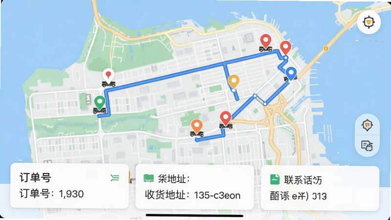主体:千鲜配APP的配送地图界面,显示车辆位置与配送路径。布局:地图占据大部分屏幕,底部有任务卡片。排版:地图上有多个标记点,路线为蓝色线条。风格:地图导航风格,简洁明快。细节:任务卡片显示订单号、收货地址、联系电话。画质:高清,干净,无多余元素。
