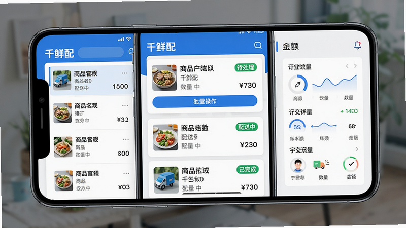 主体:千鲜配APP的订单管理界面,屏幕显示多个订单卡片,状态标签有“待处理”“配送中”“已完成”。布局:手机屏幕占据画面中心,左侧有列表,右侧有统计小图。排版:卡片式布局,标签色彩区分。风格:清爽简洁,商务蓝白配色。细节:卡片显示商品名称、数量、金额,底部有“批量操作”按钮。画质:高清,干净,无多余元素。