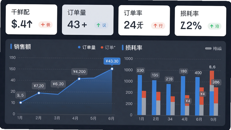主体:千鲜配APP的报表界面,显示折线图与柱状图。布局:屏幕上方为指标卡片,下方为图表区域。排版:图表交互式,有数据标签。风格:商务数据可视化,蓝灰配色。细节:图表显示“销售额”“订单量”“损耗率”等指标。画质:高清,干净,无多余元素。