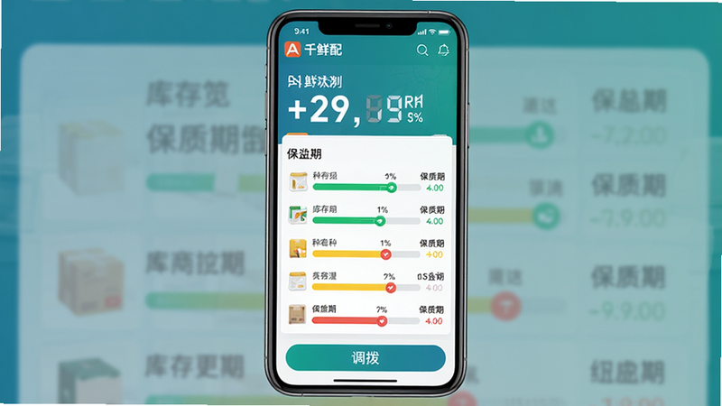 主体:千鲜配APP的库存监控界面,显示库存列表及保质期进度条。布局:手机屏幕居中,上方为库存总览数字,下方为条状图表。排版:数据清晰,进度条用绿黄红表示状态。风格:数据可视化风格,蓝绿色调。细节:每种商品旁有保质期倒计时,底部有“调拨”按钮。画质:高清,干净,无多余元素。