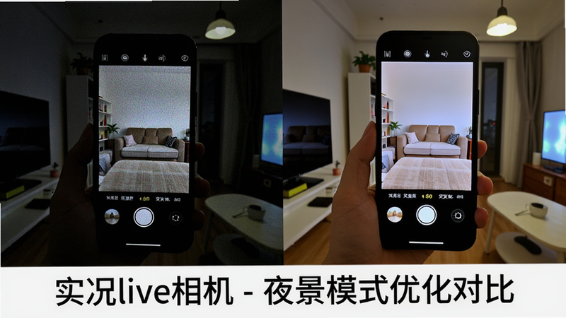 一张分屏对比图,左半边显示手机在光线昏暗的室内拍摄实况照片时画面噪点较多,右半边显示同一场景下开启夜景模式后画面明亮清晰。图片下方有一行文字说明:“实况live相机 - 夜景模式优化对比”。整体风格为科技评测风,构图清晰,画质细腻,无多余元素。