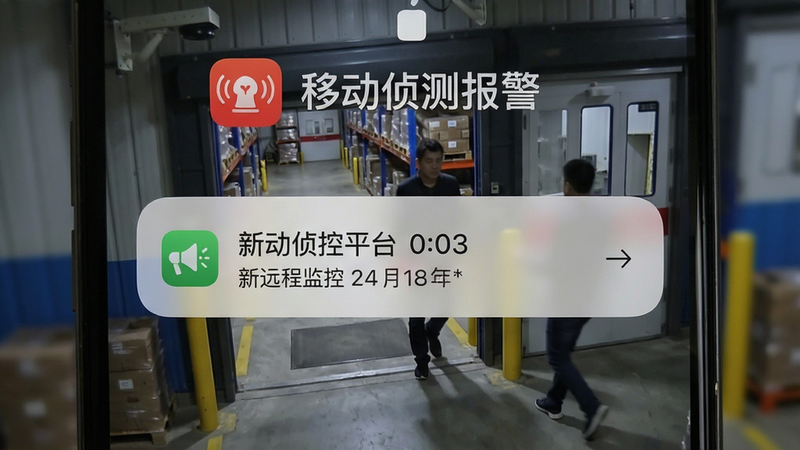 画面主体为手机锁屏界面弹出新远程监控平台的报警通知消息,界面顶部有APP图标和“移动侦测报警”字样,背景为一张监控摄像头抓拍的仓库门口有人经过的画面,布局上突出通知横幅的展示,风格写实,细节上通知栏显示时间与日期,画质清晰,构图简洁,突出移动端实时告警的场景,无多余元素