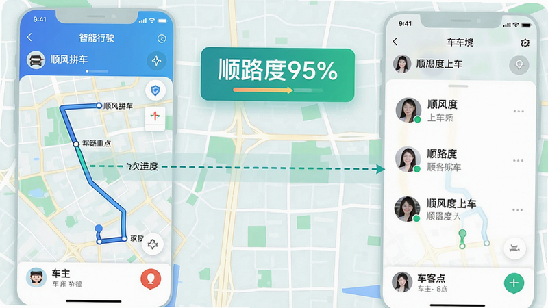 展示顺风拼车出行App的智能匹配结果页面,左侧为车主的行驶路线,右侧为乘客的上车点,中间用虚线连接显示重合路段,界面有“顺路度95%”的醒目提示,背景为简约的城市地图,整体色调清新,细节丰富,画质高清,干净无杂物