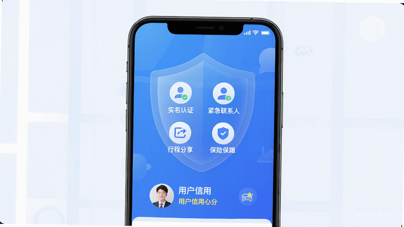 顺风拼车出行App的安全中心界面,包含“实名认证”“紧急联系人”“行程分享”“保险保障”四个功能图标,下方是用户信用分展示,背景为盾牌形状的蓝色渐变图案,风格简洁安全,画质细腻,干净无多余元素