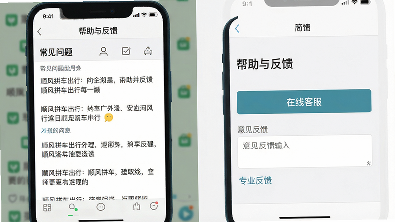 一张手机截图展示顺风拼车出行的“帮助与反馈”页面,包含常见问题列表、在线客服按钮、意见反馈输入框,背景为纯色,界面简洁,画质清晰,干净无多余元素