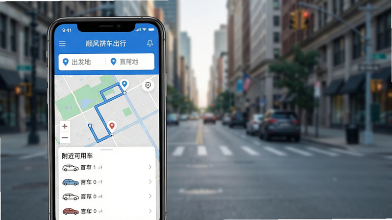 一张展示顺风拼车出行手机App主界面的高清截图,界面包含地图路线、出发地与目的地输入框、附近可用车辆列表,整体风格简约现代,主色调为蓝色和白色,图标清晰,背景为模糊的城市街道风景,画质细腻,干净,无多余元素